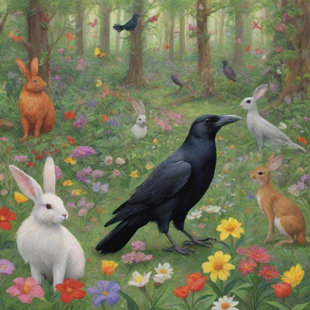 A crow, a rabbit, and various other animals joyously gathering in a vibrant forest, exhibiting expressions of pure happiness, surrounded by tall, lush green trees and blooming flowers.