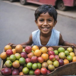 A portrait of a small Indian boy, cheerfully selling an array of vibrant, fresh fruits from a rustic street cart.