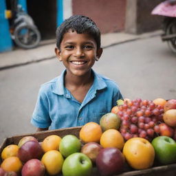 A portrait of a small Indian boy, cheerfully selling an array of vibrant, fresh fruits from a rustic street cart.