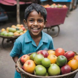 A portrait of a small Indian boy, cheerfully selling an array of vibrant, fresh fruits from a rustic street cart.