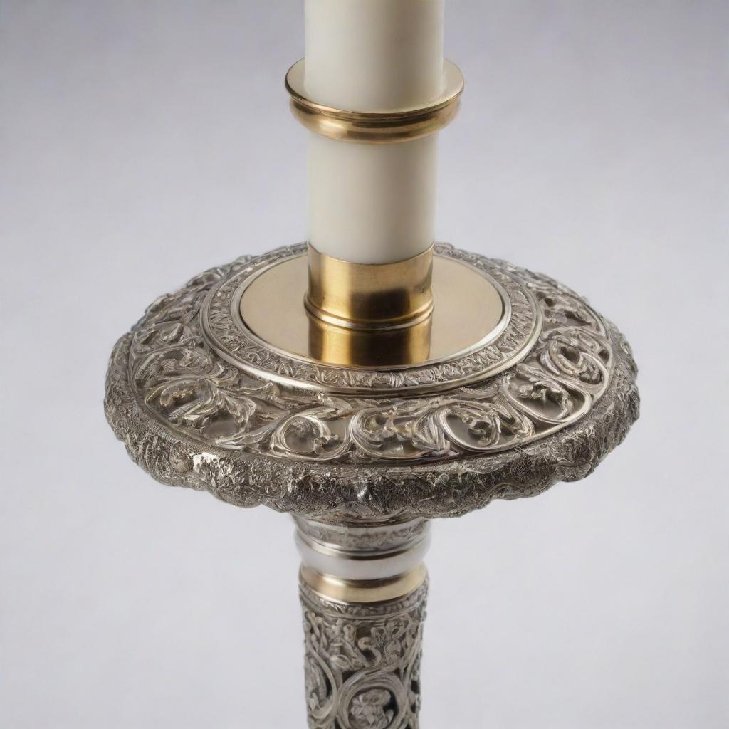 A detailed image of an elegant and intricately designed candlestick made from polished brass or silver