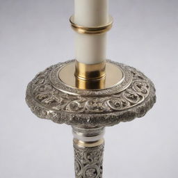 A detailed image of an elegant and intricately designed candlestick made from polished brass or silver