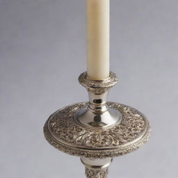 A detailed image of an elegant and intricately designed candlestick made from polished brass or silver