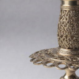 A detailed image of an elegant and intricately designed candlestick made from polished brass or silver