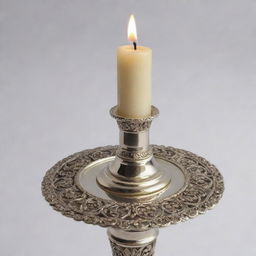 A detailed image of an elegant and intricately designed candlestick made from polished brass or silver