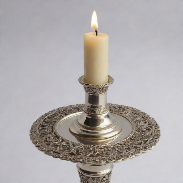 A detailed image of an elegant and intricately designed candlestick made from polished brass or silver