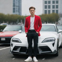 A stylish young man with a Samsung S21 Ultra, standing in front of a Toyota Supra MK4 in Tokyo as the background