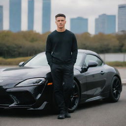 A stylish young man with a Samsung S21 Ultra, standing in front of a Toyota Supra MK4 in Tokyo as the background