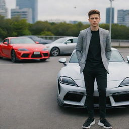 A stylish young man with a Samsung S21 Ultra, standing in front of a Toyota Supra MK4 in Tokyo as the background