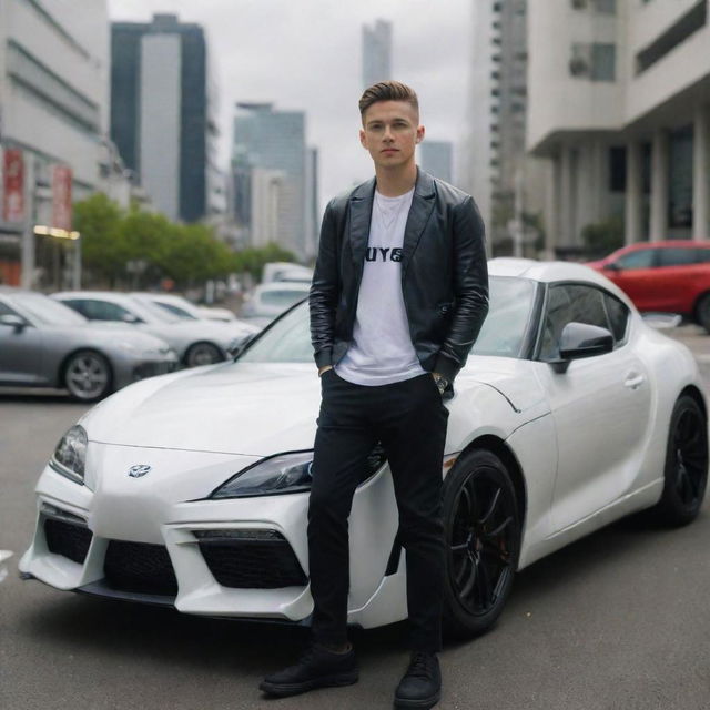 A stylish young man with a Samsung S21 Ultra, standing in front of a Toyota Supra MK4 in Tokyo as the background