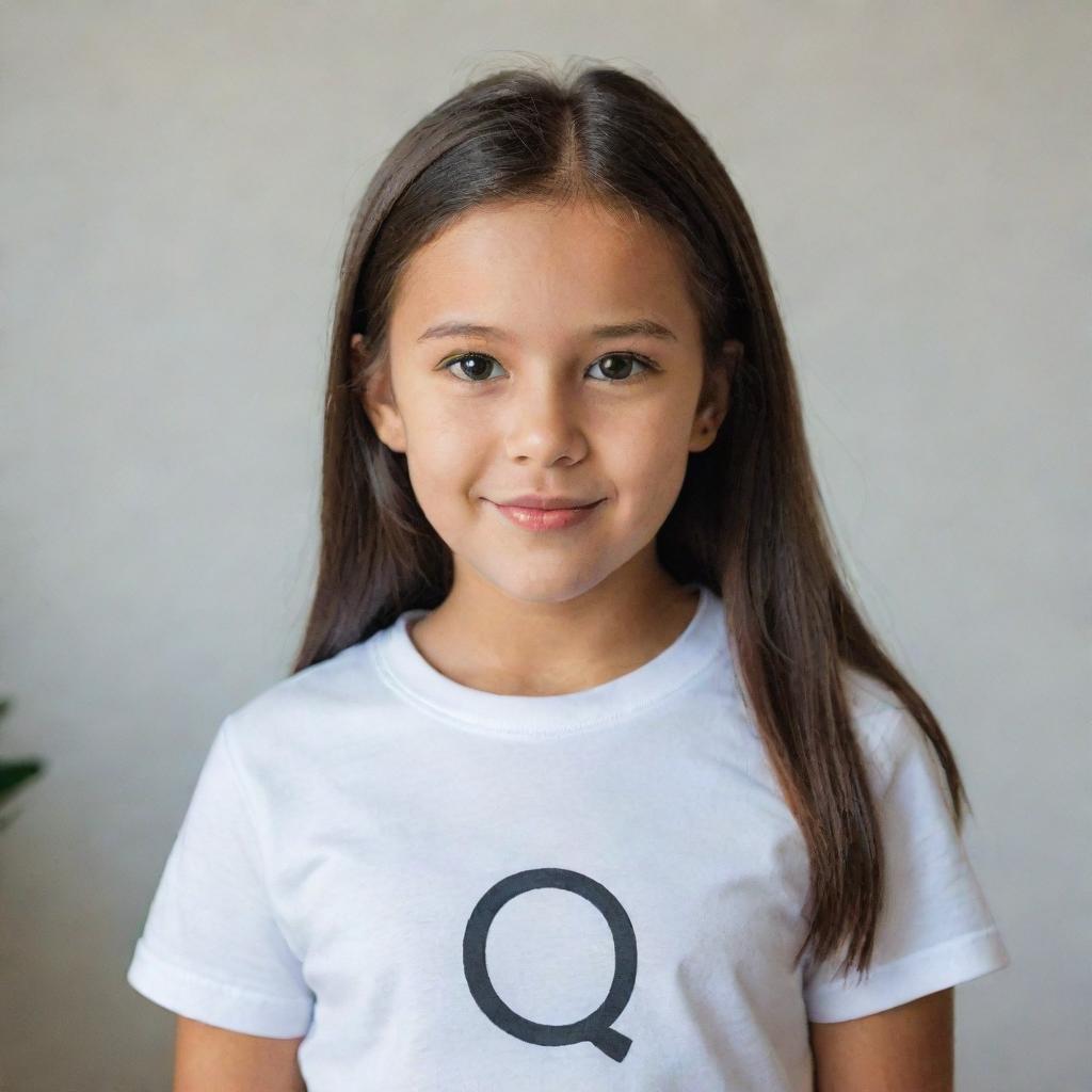 A cute girl wearing a clean, white shirt with the letter Q written on it