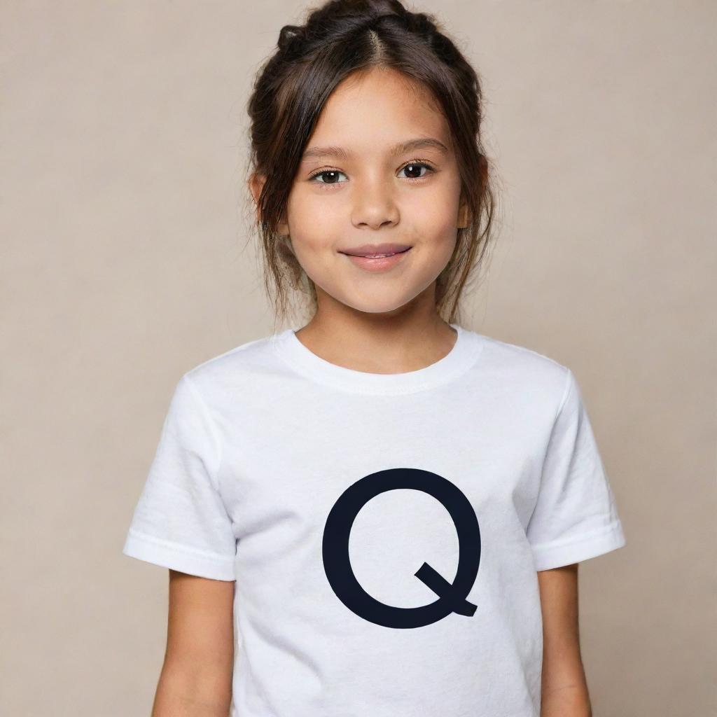 A cute girl wearing a clean, white shirt with the letter Q written on it