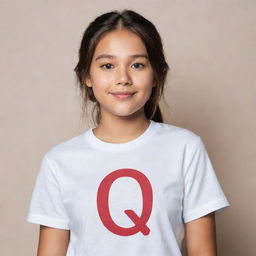 A cute girl wearing a clean, white shirt with the letter Q written on it