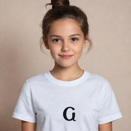 A cute girl wearing a clean, white shirt with the letter Q written on it