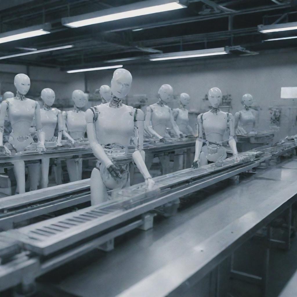 A futuristic assembly line in a high-tech factory where industrial robots are manufacturing humanoid cyborg girls, showcasing various cyborg body parts moving along the conveyor line.