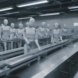 A futuristic assembly line in a high-tech factory where industrial robots are manufacturing humanoid cyborg girls, showcasing various cyborg body parts moving along the conveyor line.