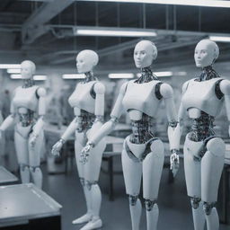 A futuristic assembly line in a high-tech factory where industrial robots are manufacturing humanoid cyborg girls, showcasing various cyborg body parts moving along the conveyor line.