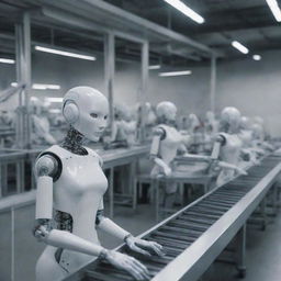 A futuristic assembly line in a high-tech factory where industrial robots are manufacturing humanoid cyborg girls, showcasing various cyborg body parts moving along the conveyor line.