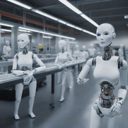 A futuristic assembly line in a high-tech factory where industrial robots are manufacturing humanoid cyborg girls, showcasing various cyborg body parts moving along the conveyor line.