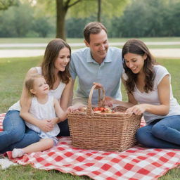 A family of a father, mother, older brother, and younger sister enjoying a picnic in a park. They're seated on a red and white checkered blanket with a basket filled with delicious food.