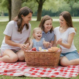 A family of a father, mother, older brother, and younger sister enjoying a picnic in a park. They're seated on a red and white checkered blanket with a basket filled with delicious food.