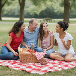 A family of a father, mother, older brother, and younger sister enjoying a picnic in a park. They're seated on a red and white checkered blanket with a basket filled with delicious food.