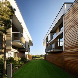 Elegant modern duplex house with landscaped front yard, detailed architecture, large windows, and a clear blue sky.