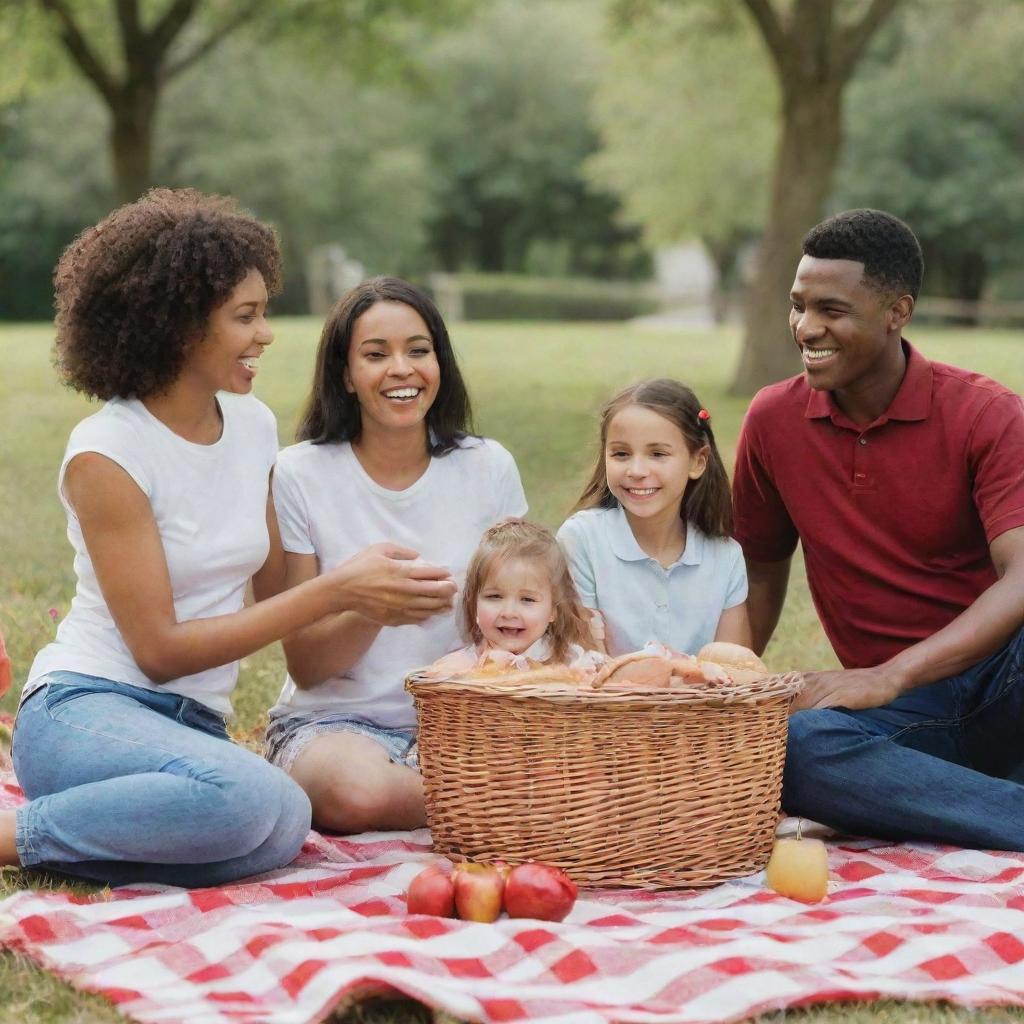 A family of a father, mother, older brother, and younger sister enjoying a picnic in a park. They're seated on a red and white checkered blanket with a basket filled with delicious food.