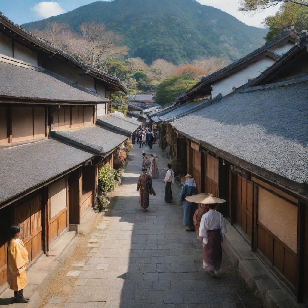 A quaint traditional Japanese village bustling with people dressed in traditional attire, amidst architecture reminiscent of an ancient era