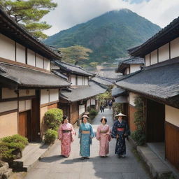 A quaint traditional Japanese village bustling with people dressed in traditional attire, amidst architecture reminiscent of an ancient era