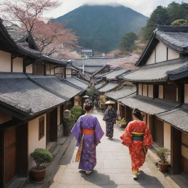 A quaint traditional Japanese village bustling with people dressed in traditional attire, amidst architecture reminiscent of an ancient era