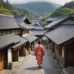 A quaint traditional Japanese village bustling with people dressed in traditional attire, amidst architecture reminiscent of an ancient era