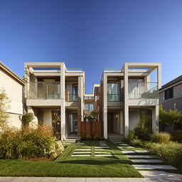 Elegant modern duplex house with landscaped front yard, detailed architecture, large windows, and a clear blue sky.