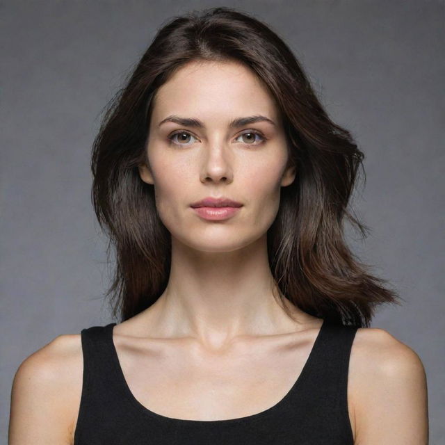 Illustrate a woman who stands 1.63 meters tall, weighing 55 kilograms. She has medium-length dark brown hair, not completely straight but not wavy either, falling slightly below her shoulders. She has an elongated face with a prominently defining jawline.