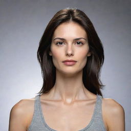 Illustrate a woman who stands 1.63 meters tall, weighing 55 kilograms. She has medium-length dark brown hair, not completely straight but not wavy either, falling slightly below her shoulders. She has an elongated face with a prominently defining jawline.