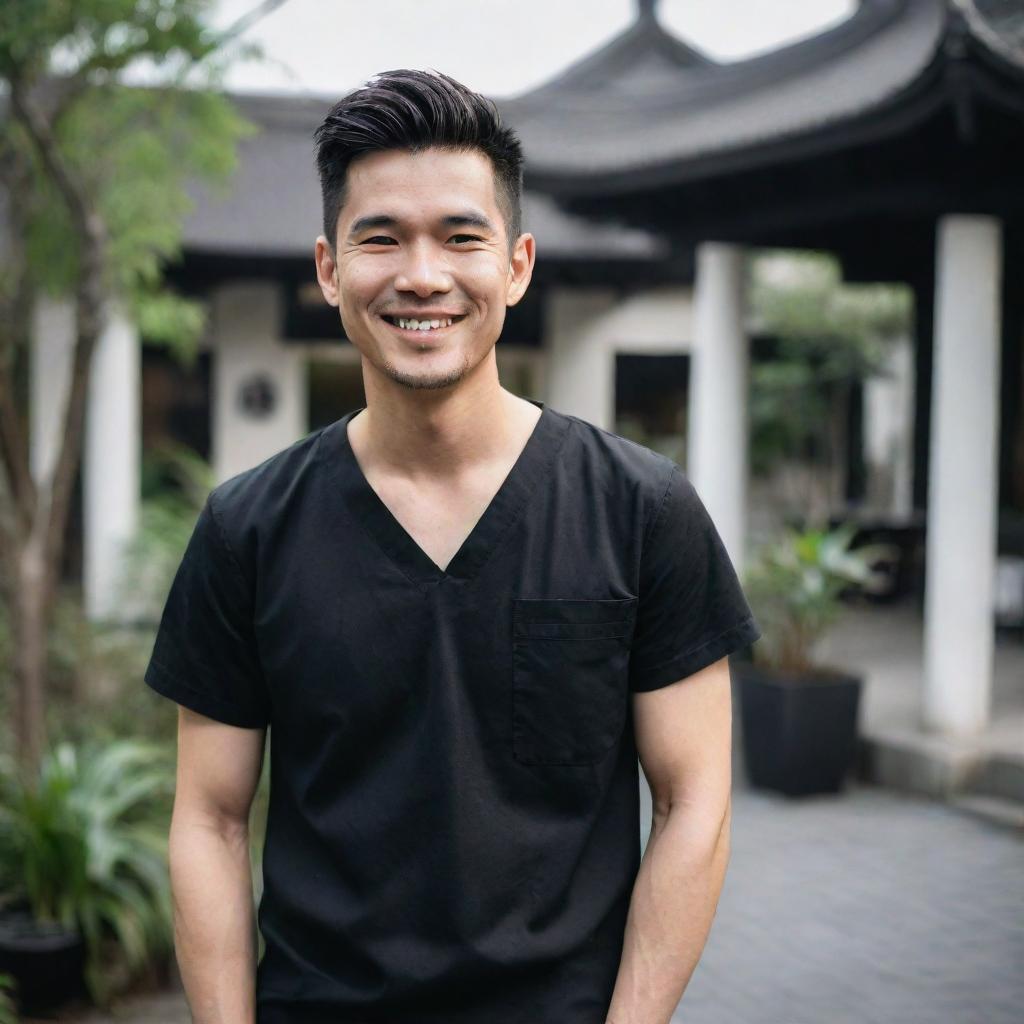 A young male doctor in a black top, smiling in an outdoor setting, rendered in styles of chinapunk, romantic academia, karencore, salon kei, and traditional Vietnamese. Aim for a raw, dark white aesthetic with a romantic social media portraiture vibe.