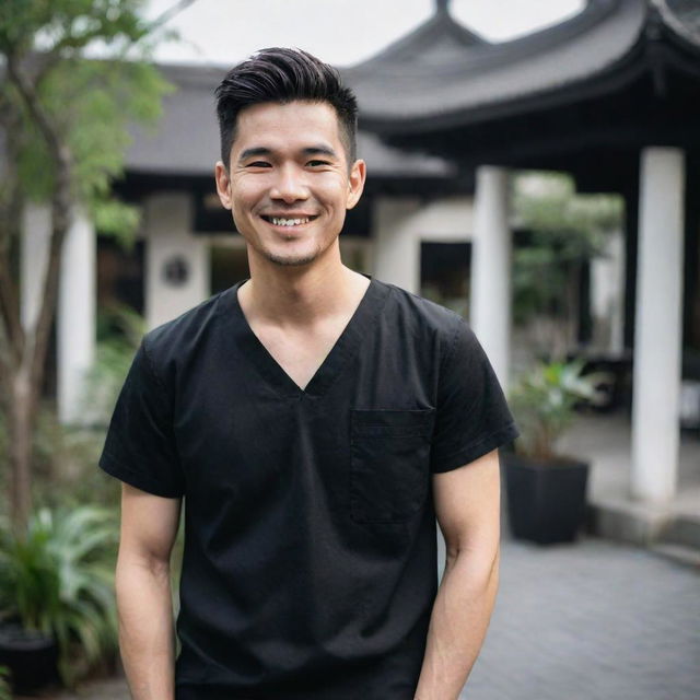 A young male doctor in a black top, smiling in an outdoor setting, rendered in styles of chinapunk, romantic academia, karencore, salon kei, and traditional Vietnamese. Aim for a raw, dark white aesthetic with a romantic social media portraiture vibe.