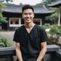 A young male doctor in a black top, smiling in an outdoor setting, rendered in styles of chinapunk, romantic academia, karencore, salon kei, and traditional Vietnamese. Aim for a raw, dark white aesthetic with a romantic social media portraiture vibe.