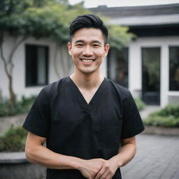 A young male doctor in a black top, smiling in an outdoor setting, rendered in styles of chinapunk, romantic academia, karencore, salon kei, and traditional Vietnamese. Aim for a raw, dark white aesthetic with a romantic social media portraiture vibe.