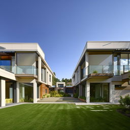 Elegant modern duplex house with landscaped front yard, detailed architecture, large windows, and a clear blue sky.