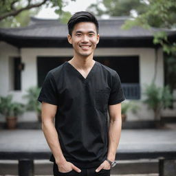 A young male doctor in a black top, smiling in an outdoor setting, rendered in styles of chinapunk, romantic academia, karencore, salon kei, and traditional Vietnamese. Aim for a raw, dark white aesthetic with a romantic social media portraiture vibe.