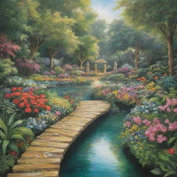 Beautiful depiction of Riyazul Jannah, a garden in heaven featuring lush greenery, vibrant flowers, crystal clear streams, and golden walkways.