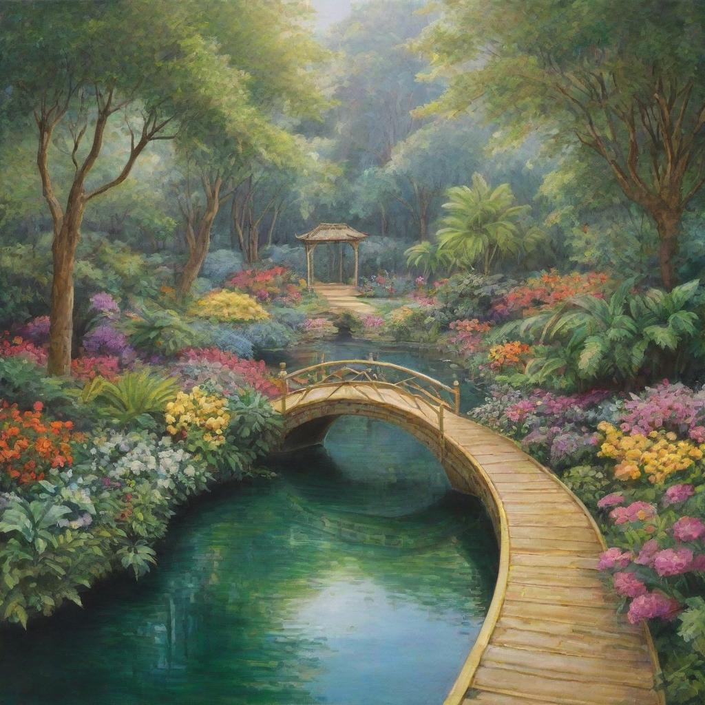 Beautiful depiction of Riyazul Jannah, a garden in heaven featuring lush greenery, vibrant flowers, crystal clear streams, and golden walkways.