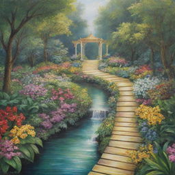 Beautiful depiction of Riyazul Jannah, a garden in heaven featuring lush greenery, vibrant flowers, crystal clear streams, and golden walkways.