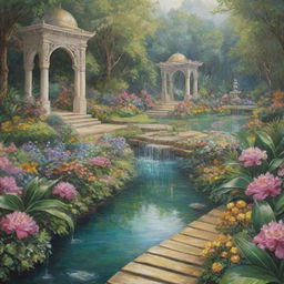 Beautiful depiction of Riyazul Jannah, a garden in heaven featuring lush greenery, vibrant flowers, crystal clear streams, and golden walkways.