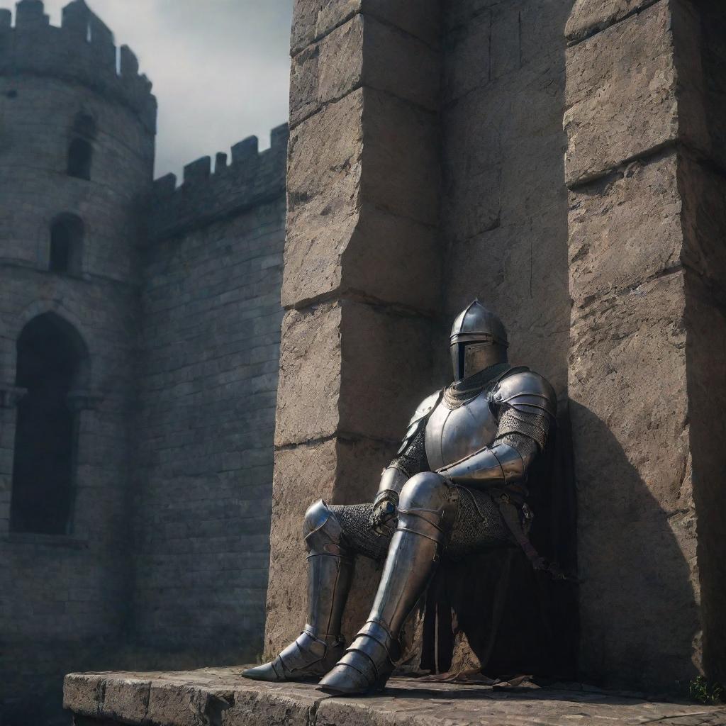 A fatigued knight in medieval armor resting beside a towering castle wall, captured in the atmospheric art style of Elden Ring.