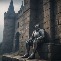 A fatigued knight in medieval armor resting beside a towering castle wall, captured in the atmospheric art style of Elden Ring.