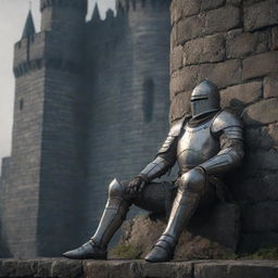 A fatigued knight in medieval armor resting beside a towering castle wall, captured in the atmospheric art style of Elden Ring.