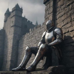 A fatigued knight in medieval armor resting beside a towering castle wall, captured in the atmospheric art style of Elden Ring.