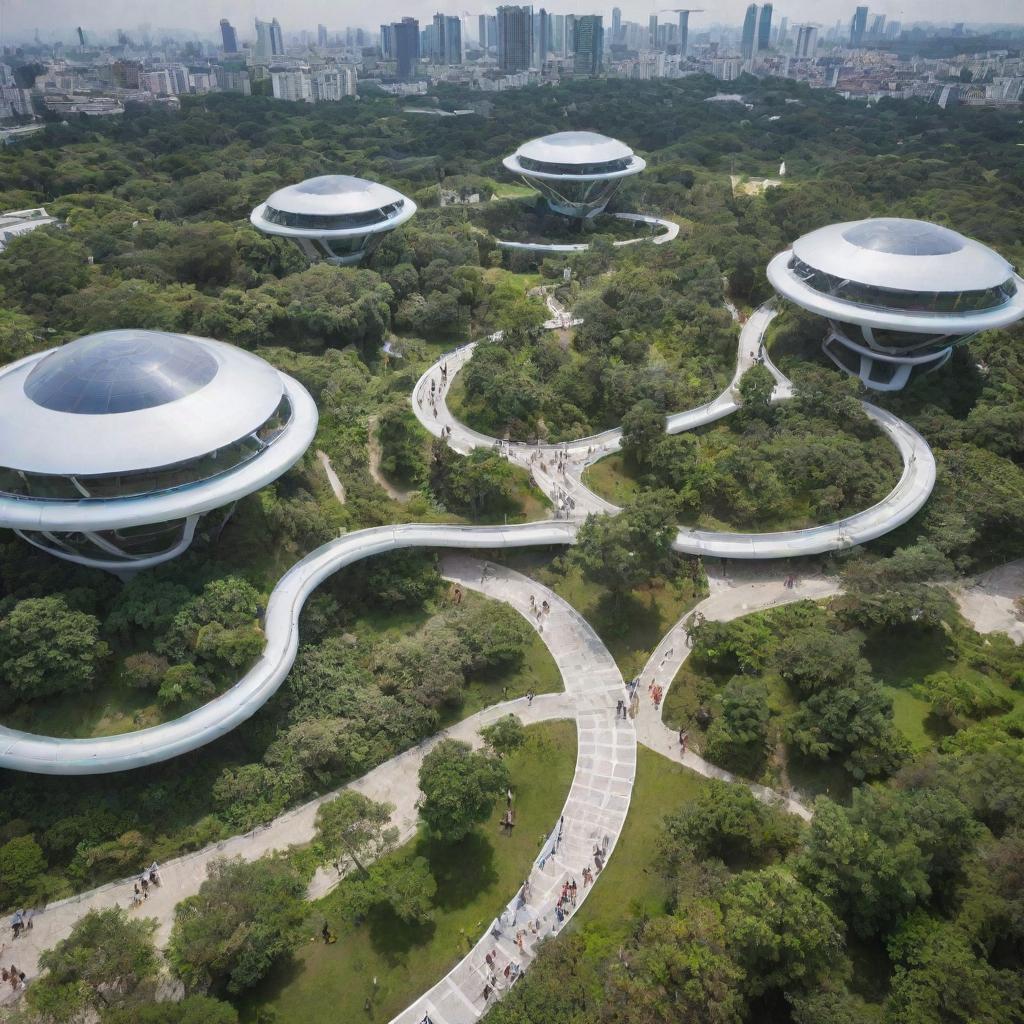 Joyama Park bustling with people dressed in future fashion of 2050, embracing advanced technology and futuristic structures amidst lush greenery.